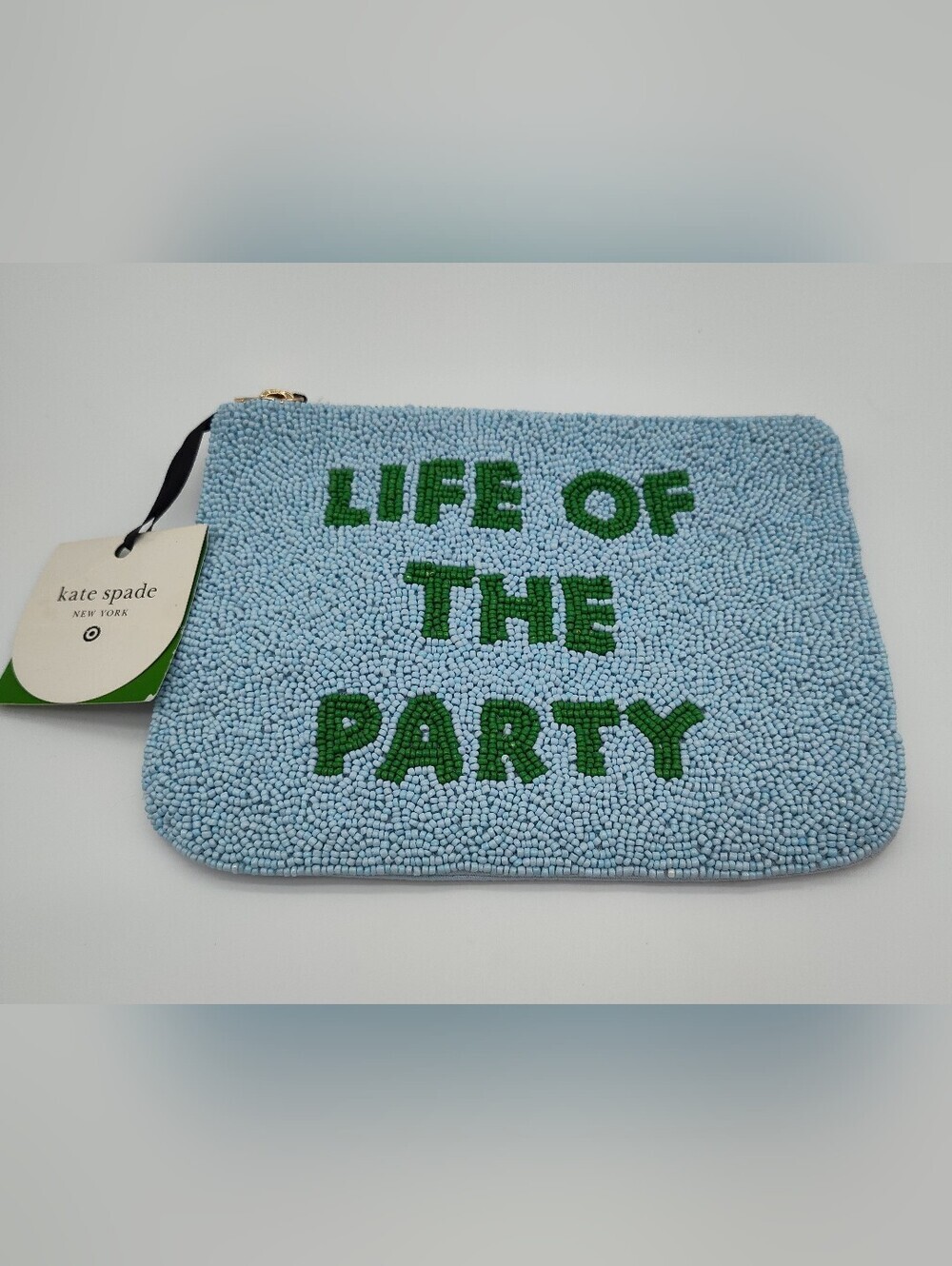 KATE SPADE Life of the Party Blue Beaded Zip Clutch Pouch NWT